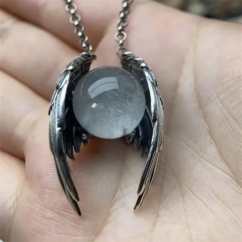 Goth Fallen Angel Wing Crystal Orb Necklace