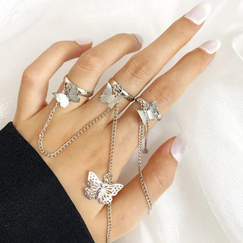 Goth Silver Chain Hand Harness Ring Set