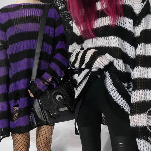 Pastel Goth Violet Striped Destroyed Knit Sweater