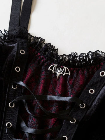 Victorian Goth Crimson Bat Lace-Up Corset Top