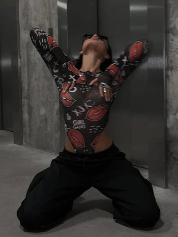 Goth Dangerous Beauty Mesh Print Top