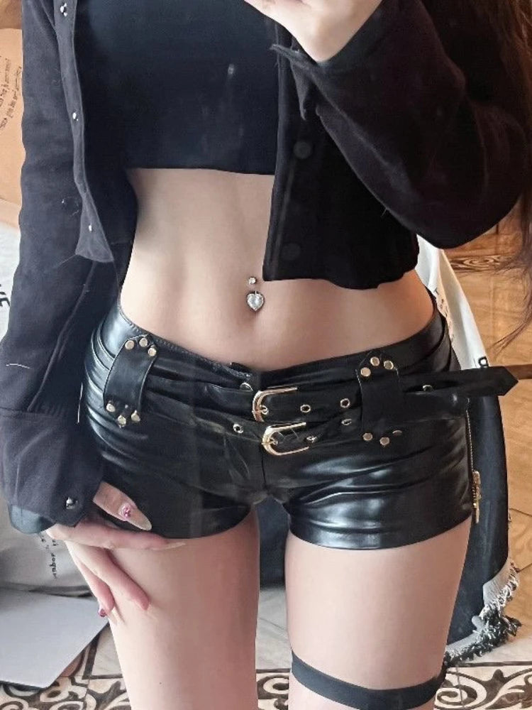 Cyber Goth Double Buckle PU Leather Micro Shorts