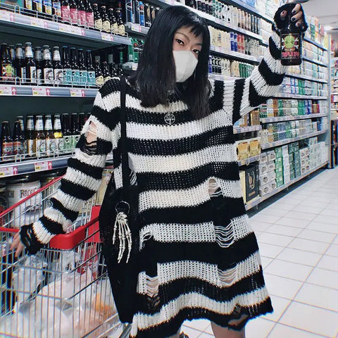 Goth Blue & Black Striped Hollow-Knit Top