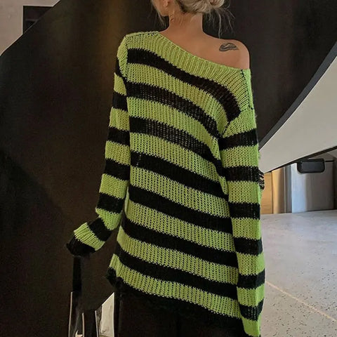 Goth Blue & Black Striped Hollow-Knit Top