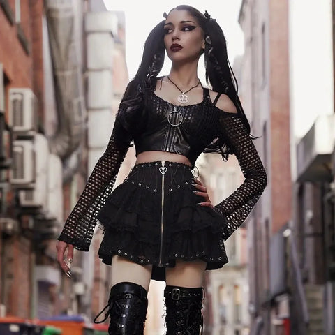 Goth Lace Tiered Corset Mini Skirt in Midnight Black