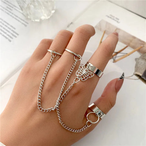 Goth Silver Chain Hand Harness Ring Set