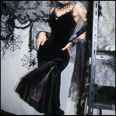 Goth Velvet Lace Mermaid Slip Dress