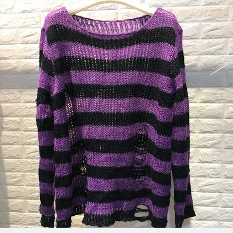 Goth Blue & Black Striped Hollow-Knit Top