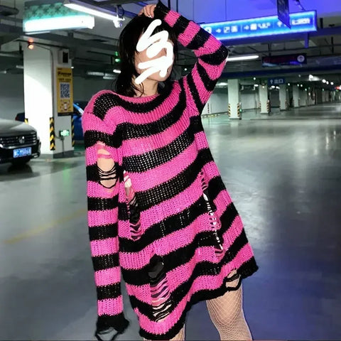 Pastel Goth Violet Striped Destroyed Knit Sweater