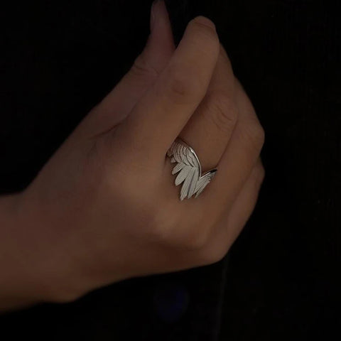Goth Folded Angel Wings Silver Open Ring