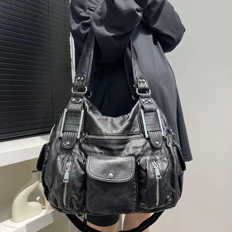 Goth Worn-Black Multi-Pocket Slouch Bag