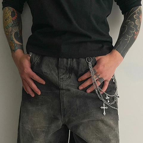 Mall Goth Triple Cross Chain Pants — Layered Silver Altar