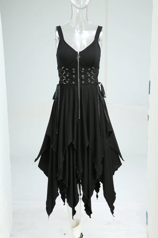 Goth Midnight Handkerchief Hem Dress with Grommet Corset Band