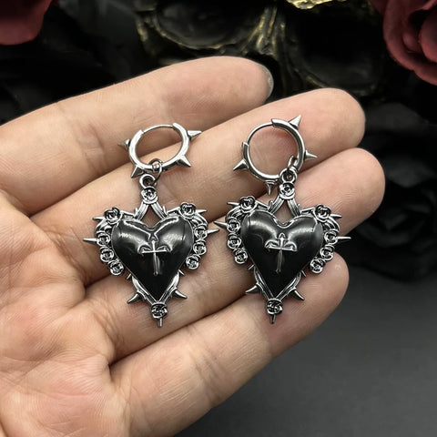 Goth Sacred Thorn Heart Cross Drop Earring