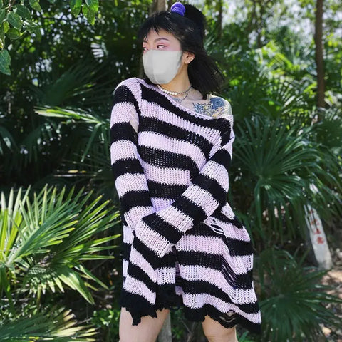 Goth Distressed Rainbow Stripe Oversized Sweater