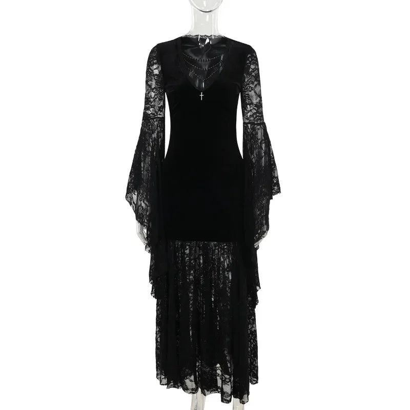 Victorian Goth Requiem Lace Sleeve Maxi Dress