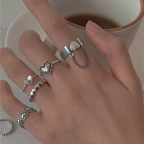 Goth Silver Chain Hand Harness Ring Set