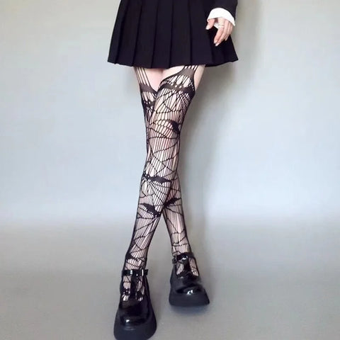 Goth Cobweb & Bat Thigh-High Mesh Stockings