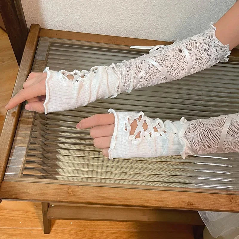 Goth Ribbon Lace-Up Mesh Fingerless Arm Gloves