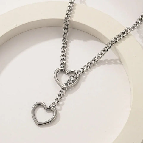 Goth Double Heart Lariat Chain Necklace