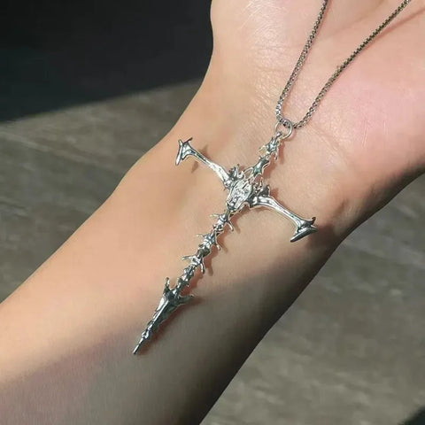 Goth Thorn Cross Necklace in Silver