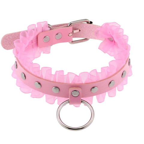 Pastel Goth Pink Leather O-Ring Choker Necklace Collection
