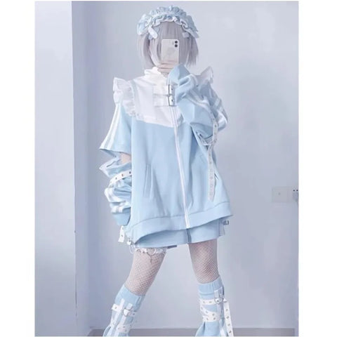 Pastel Goth Restraint Lace Zip-Up Tshirt in Ice Blue