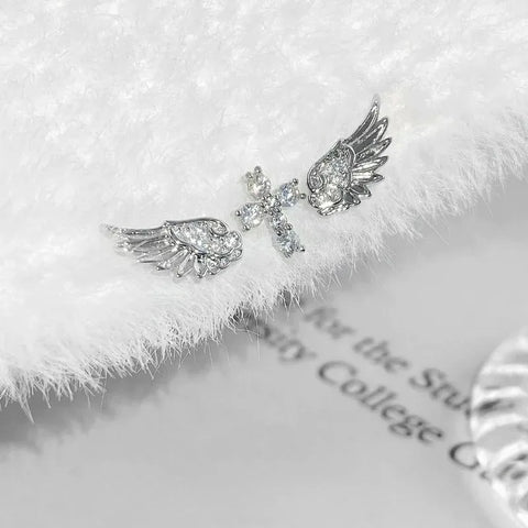 Mall Goth Fallen Angel Wing & Crystal Cross Earring Set