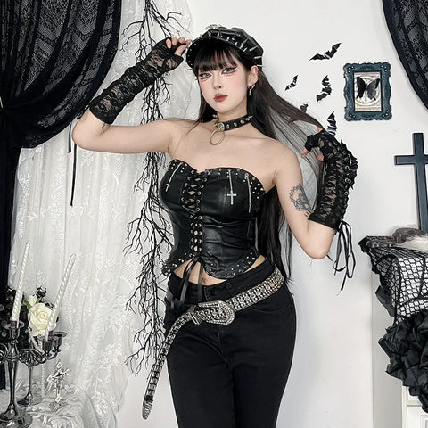Goth Studded Lace-Up Faux Leather Corset Top