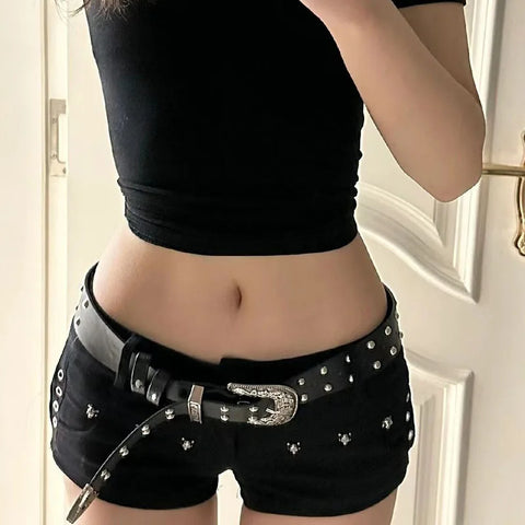 Mall Goth Skull-Studded Low Rise Denim Shorts
