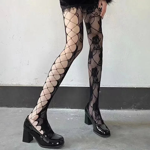 Goth Mixed Mesh Rose Hollow Leggings
