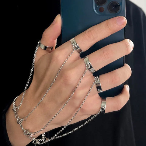Goth Silver Chain Hand Harness Ring Set