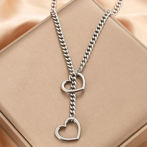 Goth Double Heart Lariat Chain Necklace