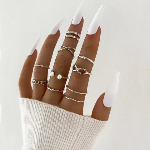 Goth Silver Chain Hand Harness Ring Set