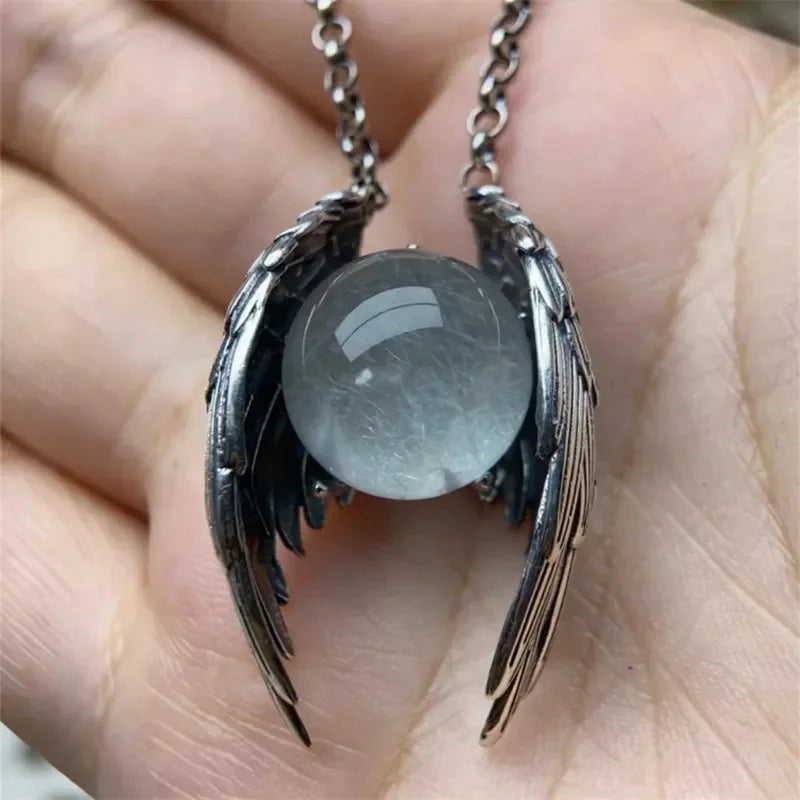 Goth Fallen Angel Wing Crystal Orb Necklace