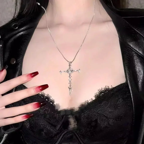 Goth Thorn Cross Necklace in Silver