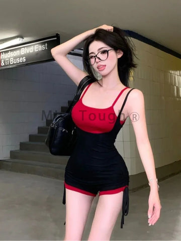 Goth Red & Black Lace-Up Faux Two-Piece Suit