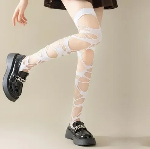 Goth Shredded Web Tights Sock — Black & White