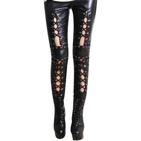 Goth Lace-Up Faux Leather Pants with Eyelet Cut-Out Detail