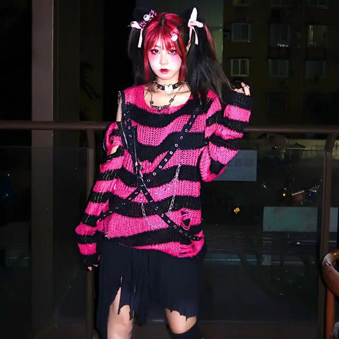 Goth Distressed Rainbow Stripe Oversized Sweater