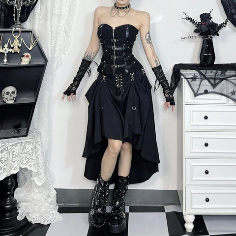 Goth Corset-Ring Midi Skirt with Detachable Ruffle Layer