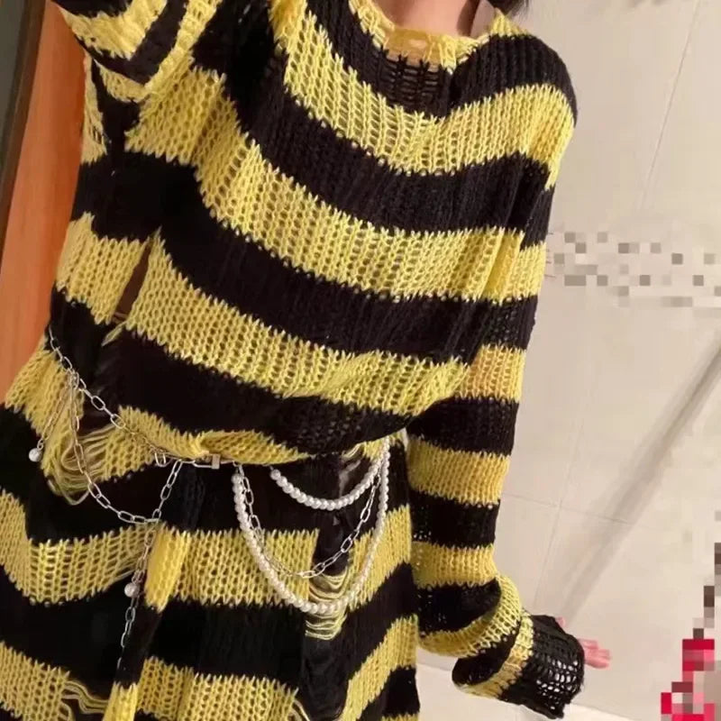 Goth Bloodline Stripe Hollow Knit Sweater