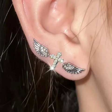 Mall Goth Fallen Angel Wing & Crystal Cross Earring Set