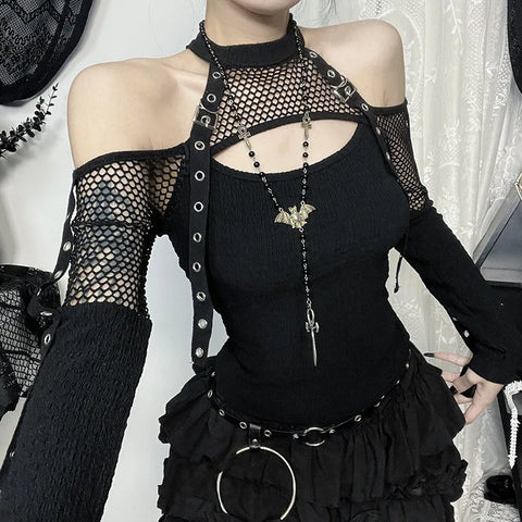 Goth Harness Cold Shoulder T-Shirt in Ribbed Mesh Black