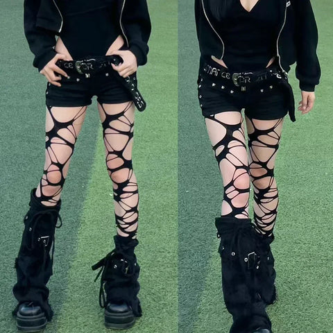 Goth Shredded Web Tights Sock — Black & White