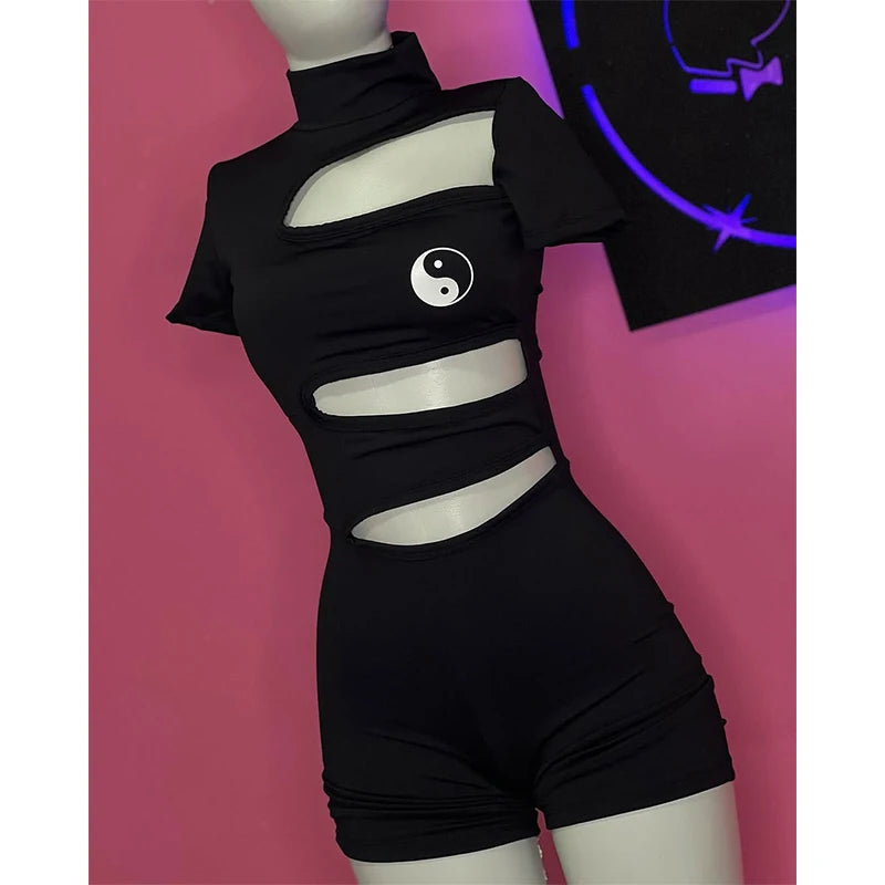Goth Yin & Yang Cut-Out T-Shirt Romper in Black