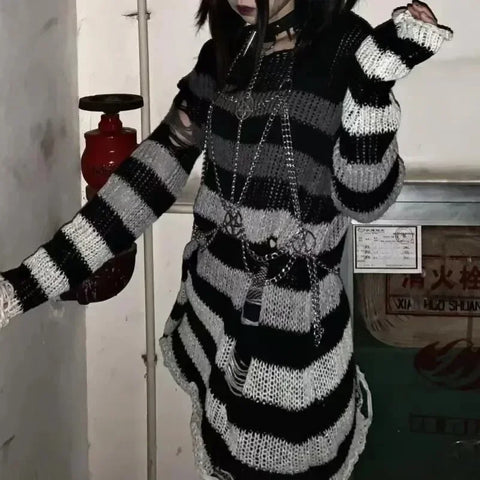 Goth Bloodline Stripe Hollow Knit Sweater