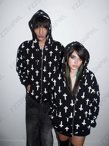 Nu Goth All-Over Cross Print Zip-Up Tshirt Hoodie