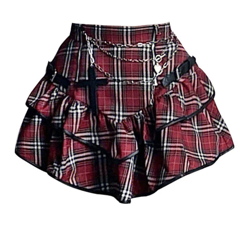 Pastel Goth Crimson Tartan Ruffle Mini Skirt