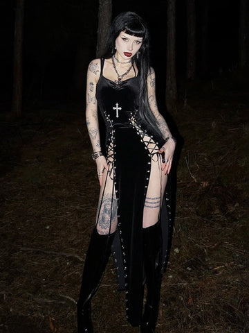 Goth Velvet Cross Lace-Up Split Dress